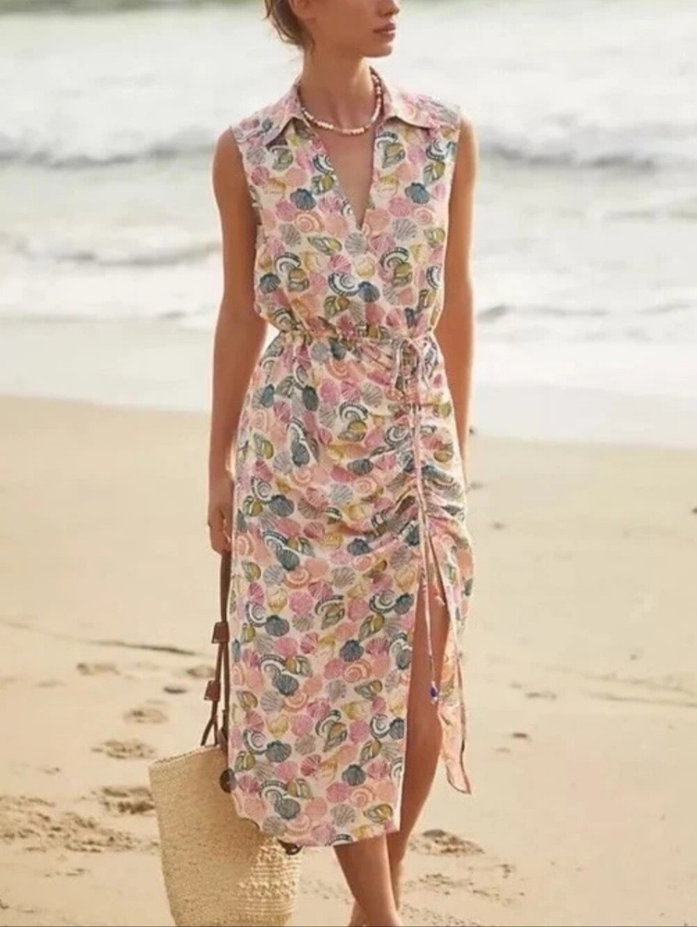 ANTHROPOLOGIE Linen Blend Seashell Midi Dress Women's XSP Gathered Waist Beach